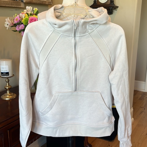 Comfy Scuba Neck Half Zip Beige Hoodie with Front Pocket - Picture 2 of 12